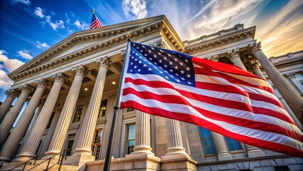 Majestic American flag with vibrant stars and stripes waving proudly in front of a historic government building with neoclassical architecture and towering columns.