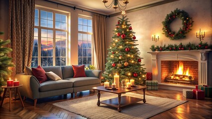 A cozy living room with a beautifully adorned Christmas tree next to a fireplace.