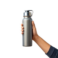 Hand holding stainless steel water bottle, symbolizing hydration and eco-friendly lifestyle