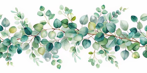 Obraz premium Delicate watercolor banner featuring lush green eucalyptus leaves and twirling branches on transparent background, perfect for spring or summer wedding invitations and greeting cards.