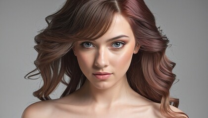 Fototapeta premium portrait of attractive young female with long floating hair, illustration