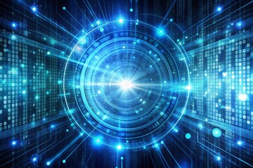 Fototapeta premium Abstract futuristic digital code matrix background with encrypted binary data streams, swirling patterns, and glowing blue circuits, representing cybersecurity and data encryption.