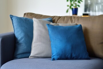 A blue couch with two pillows on top
