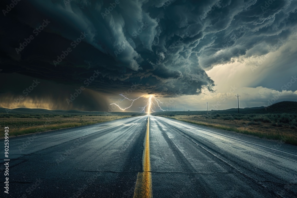 Poster a road with a striking lightning bolt in the middle, perfect for use in weather or storm-related con