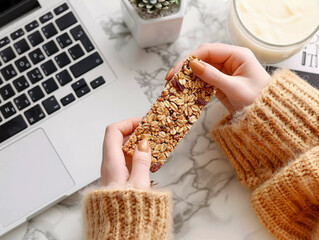 protein bar nut bar cappuccino coffee laptop female hands breakfast office work