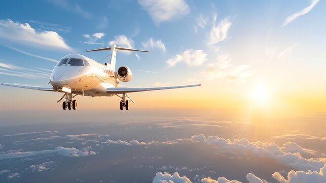 A private jet soaring through the vibrant sky at sunset, capturing the essence of luxury travel and freedom in the air. - Powered by Adobe
