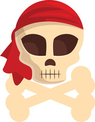 Cartoon skull is wearing a red bandana and showing crossbones
