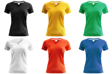 Set of colorful women's t-shirts isolated on transparent background. Generative AI