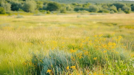 Serene landscape featuring vibrant wildflowers amidst lush green grass, capturing the essence of tranquil nature.