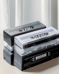 Fototapeta premium Semi close-up of a stack of classic VHS tapes, celebrating world audiovisual heritage day, more clarity with clear light and sharp focus, high detailed