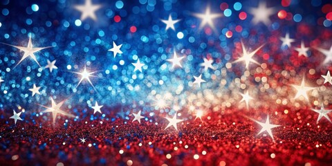 Vibrant red, white, and blue glitter sparks dance across a celebratory abstract background, evoking patriotism and freedom, perfect for voting, memorials, Labor Day, and election themes.