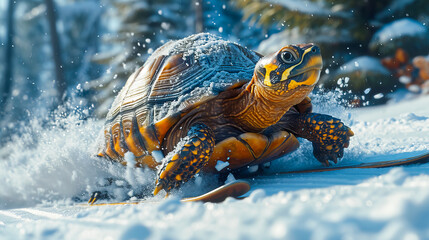 Obraz premium Skiing Turtle in a Winter Wonderland. Turtle on the Trails