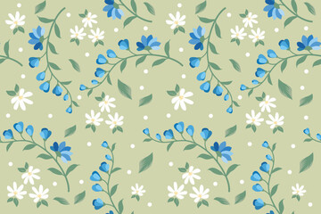 seamless floral blue vector flowers with green leaves pattern on green background