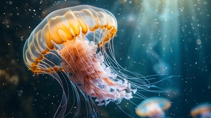 Fototapeta premium Mesmerizing Jellyfish Floating in the Serene Deep Blue Sea Illuminated by Sunlight