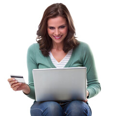 Woman using laptop and holding credit card, online shopping and payment