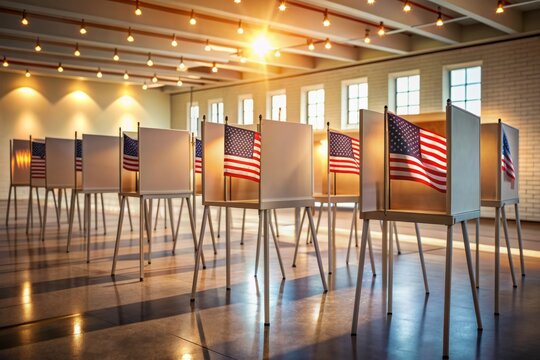 Serene polling station atmosphere with private voting booths lined up, American flags waving proudly behind, illuminated by soft, neutral lighting on election day morning.