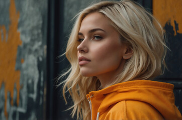 Fototapeta premium Stylish Blonde Woman in Orange Hoodie Posing Against Urban Graffiti Wall with Intense Expression
