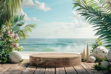 Fototapeta premium Summer product display on wooden podium at sea tropical beach with generative ai