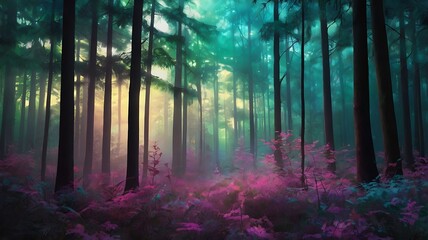 Obraz premium Mystical forest illustration with long trees and colorful theme, beautiful jungle landscape