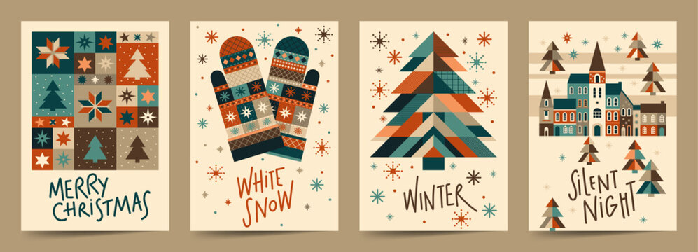 Simple flat illustrations. Set of vector postcards. Patchwork style.  Perfect for the shirt, greeting card, poster, invitation or print design. Vector set of Christmas elements. Christmas Set.