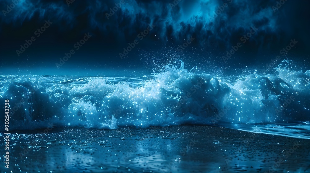 Wall mural enchanting bioluminescent waves glimmering in the nighttime seascape