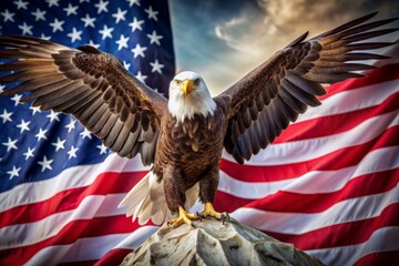 Naklejka premium Majestic bald eagle spreads its wings, proudly perched on a crumpled American flag, symbolizing freedom and strength on a crisp white background.