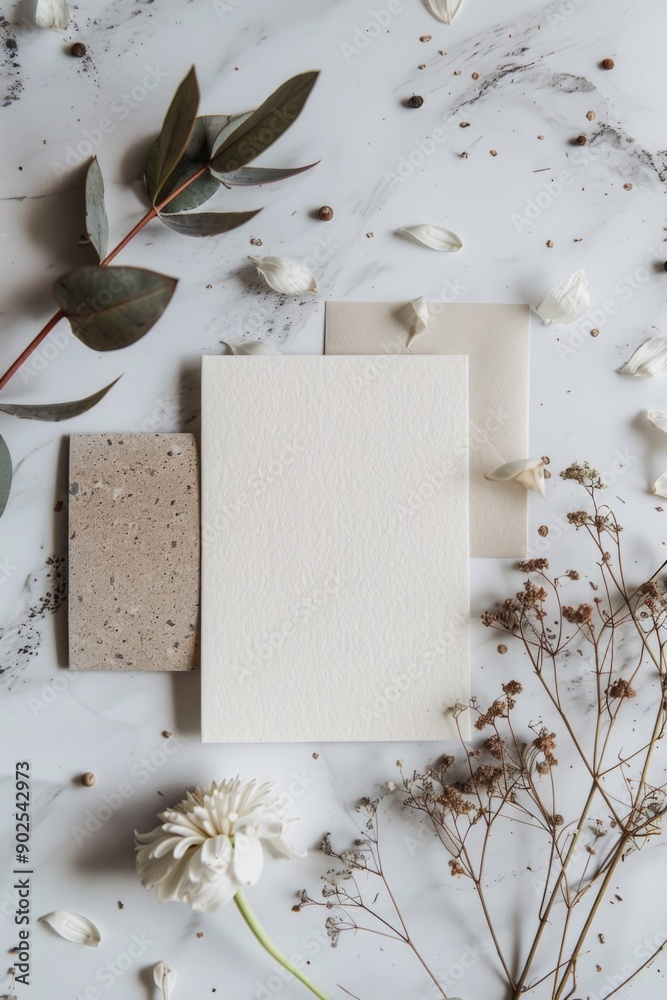 Poster close-up of dried flowers and greenery surrounding a white card, ideal for use in scrapbooking or as