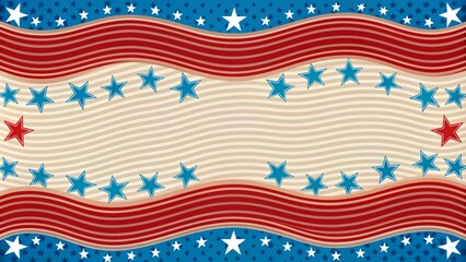 Fototapeta premium Vibrant star-spangled border design features wavy strips of red and white, blue field with white stars, and a blank space for custom text overlays.