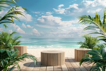 Fototapeta premium Summer product display on wooden podium at sea tropical beach with generative ai