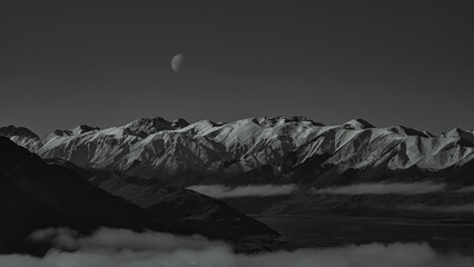 gorgeous moutain view with moon in the sky, black and white