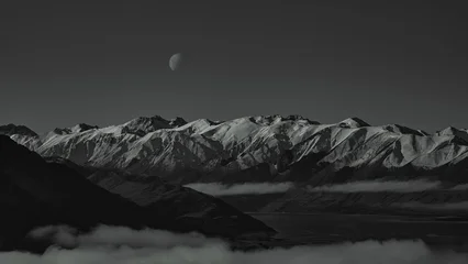 gorgeous moutain view with moon in the sky, black and white © tony
