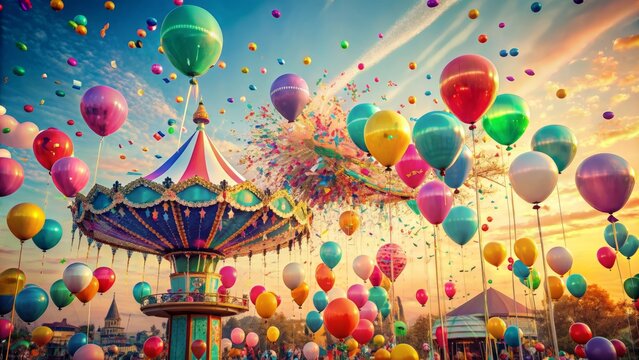 Vibrant balloons in pastel shades hover above a festive fairground, adorned with colorful streamers and confetti, setting the tone for a joyful birthday celebration.