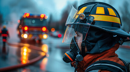 Fototapeta premium A group of firefighters in full protective gear and helmets respond to an emergency inside a smoke-filled building.