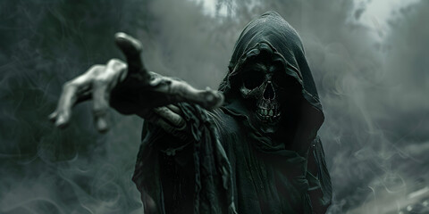 Haunting Hooded Skeleton Pointing in Mist Spooky Reaper and Halloween Terror 
