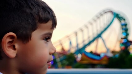In the backdrop of a bustling amut park a teenage boys face is lit up with excitement as he prepares to take on the daring roller coaster behind him.
