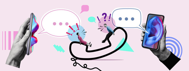 Man and woman having a conversation while sitting on the phone icon. Art collage.