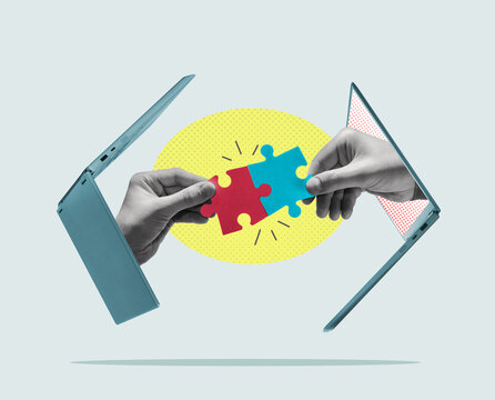 Connecting puzzle pieces. Art collage.