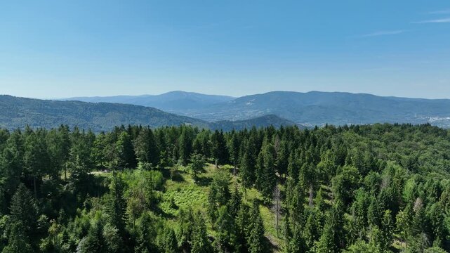 Beskid summer mountains panorama. Stunning Aerial Drone View of Summer Green Forests in the Beskid Mountains, Bielsko Biala, Magurka Wilkowicka. 