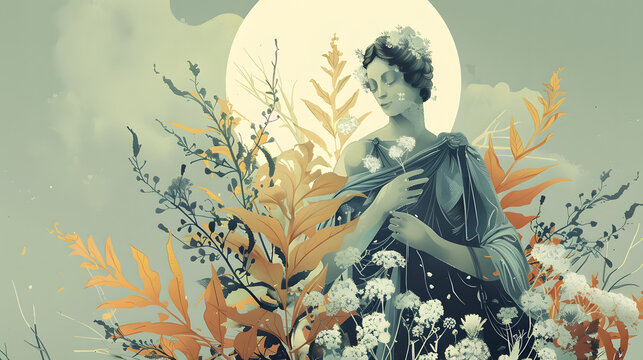 Greek god and goddess Demeter illustration, Demeter, the goddess of the harvest and agriculture, presiding over grains and the fertility of the earth