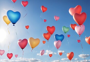 Colorful heart shape balloons flying in the sky