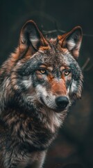 Obraz premium Close-up portrait of a majestic wolf with piercing eyes and detailed fur in a forest setting - Generative ai