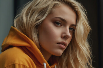 Fototapeta premium Beautiful Blonde Woman in Orange Hoodie with Intense Gaze Against Urban Graffiti Background