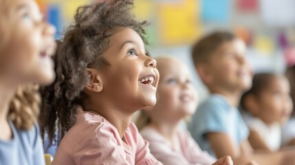 Fototapeta premium Engaged and Happy Children Attentively Participating in a Classroom Lesson, Demonstrating Enthusiasm and Focus in an Educational Setting