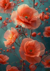 A bouquet of red flowers with a blue background. The flowers are arranged in a way that they look like they are growing out of the blue background. Scene is one of beauty and serenity