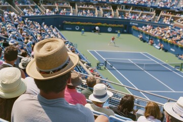 Spectators Watching an Intense Tennis Match on a Sunny Day in a Packed Stadium, Capturing the Excitement and Atmosphere of a Live Sports Event