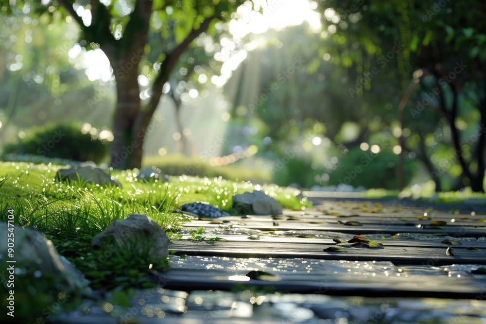 Poster a serene walkway surrounded by tall trees in a peaceful park environment
