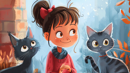 a cartoon of a girl with two cats