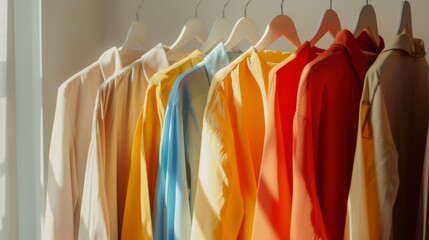 Multicolored shirts on a clothes hanger. AI generated