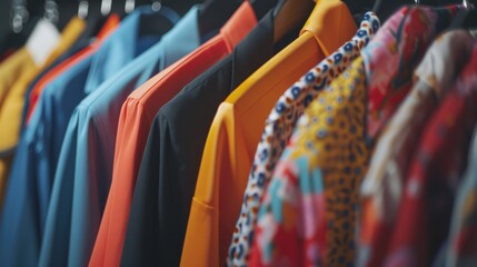 Multicolored shirts on a clothes hanger. AI generated