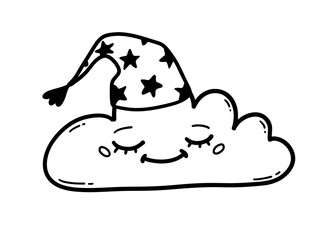 Vector line art illustration of cute night cloud wearing sleeping cap